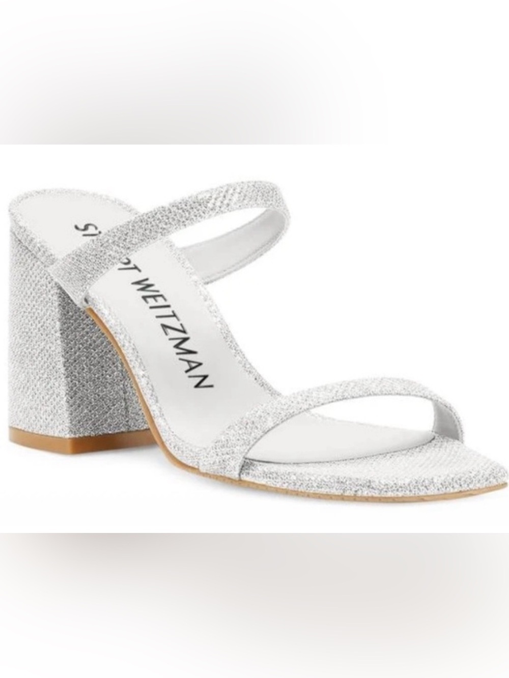 Stuart Weitzman Flareblock 85 Slide  Sparkling Silver Heel Sandals Size 9B